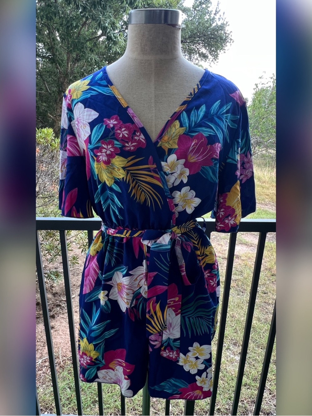 Shein Colorful Floral Surplice Belted Romper